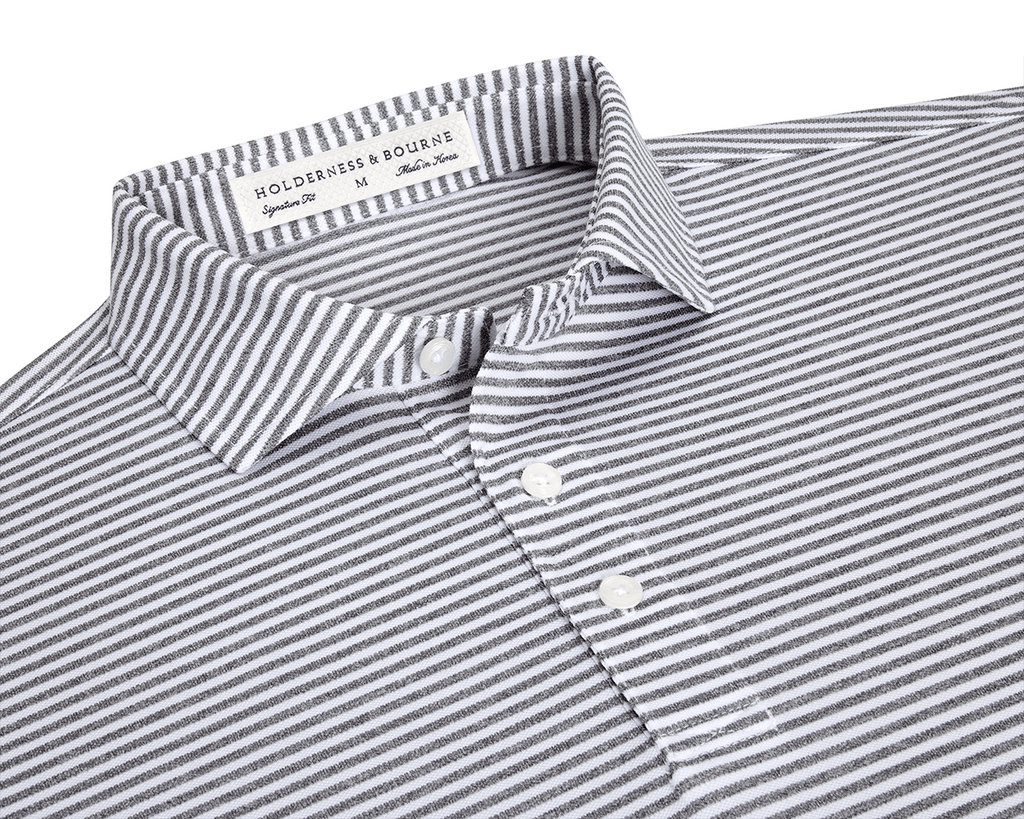 b*o様 ERNEST W. BAKER PIN STRIPE POLO Gray and White Striped Polo Shirt | Holderness & Bourne
