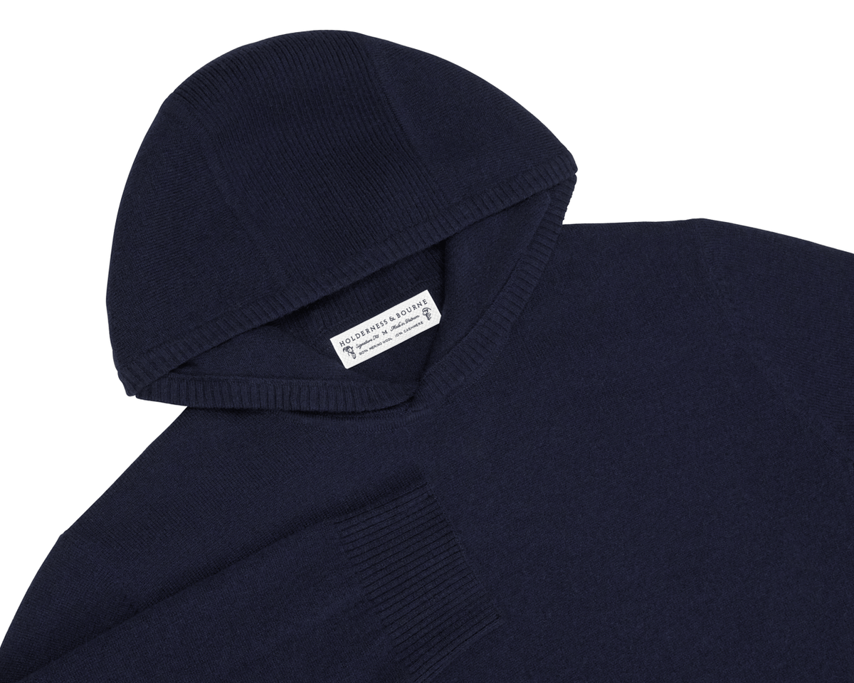Men's Navy Wool Sweater Hoodie | Holderness & Bourne