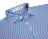 The Maxwell Shirt: Tudor & Vista Blue, a men's short-sleeve polo with a spread collar and three-button placket, features light blue and lavender stripes.