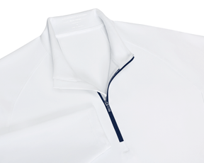 The Rodgers Quarter-Zip: White, featuring a navy-blue zipper, stand-up collar, and low-profile side pockets, ideal for golf with UPF 50+ protection.