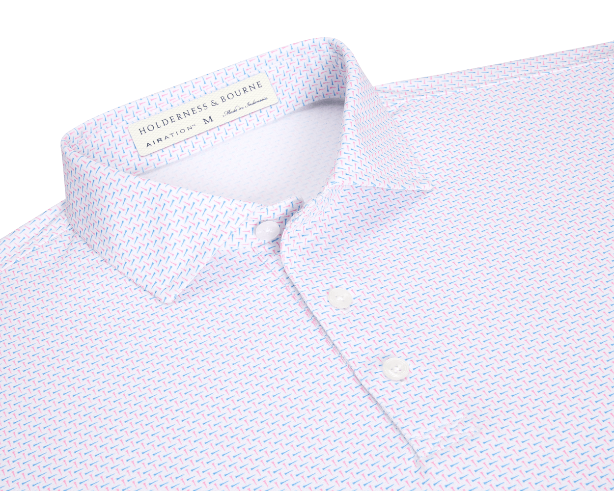 The Cromwell Shirt: Belmont & Horizon Blue, features a spread collar and herringbone motif, showcasing AIRATION® fabric for breathability and moisture wicking.