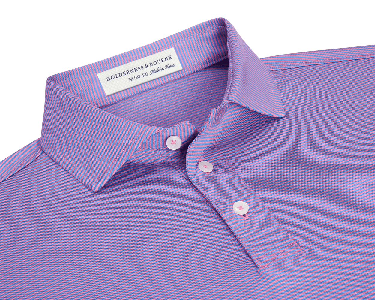 The Perkins Boys Shirt: Horizon Blue & Belmont features fine pink and blue stripes, a structured collar, three-button placket, and is crafted from breathable DryLuxe fabric.