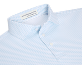 The Atwood Boys Shirt: Harbor features a light-blue micro-pattern on a polo-style with a structured collar, three-button placket, and Holderness & Bourne label.