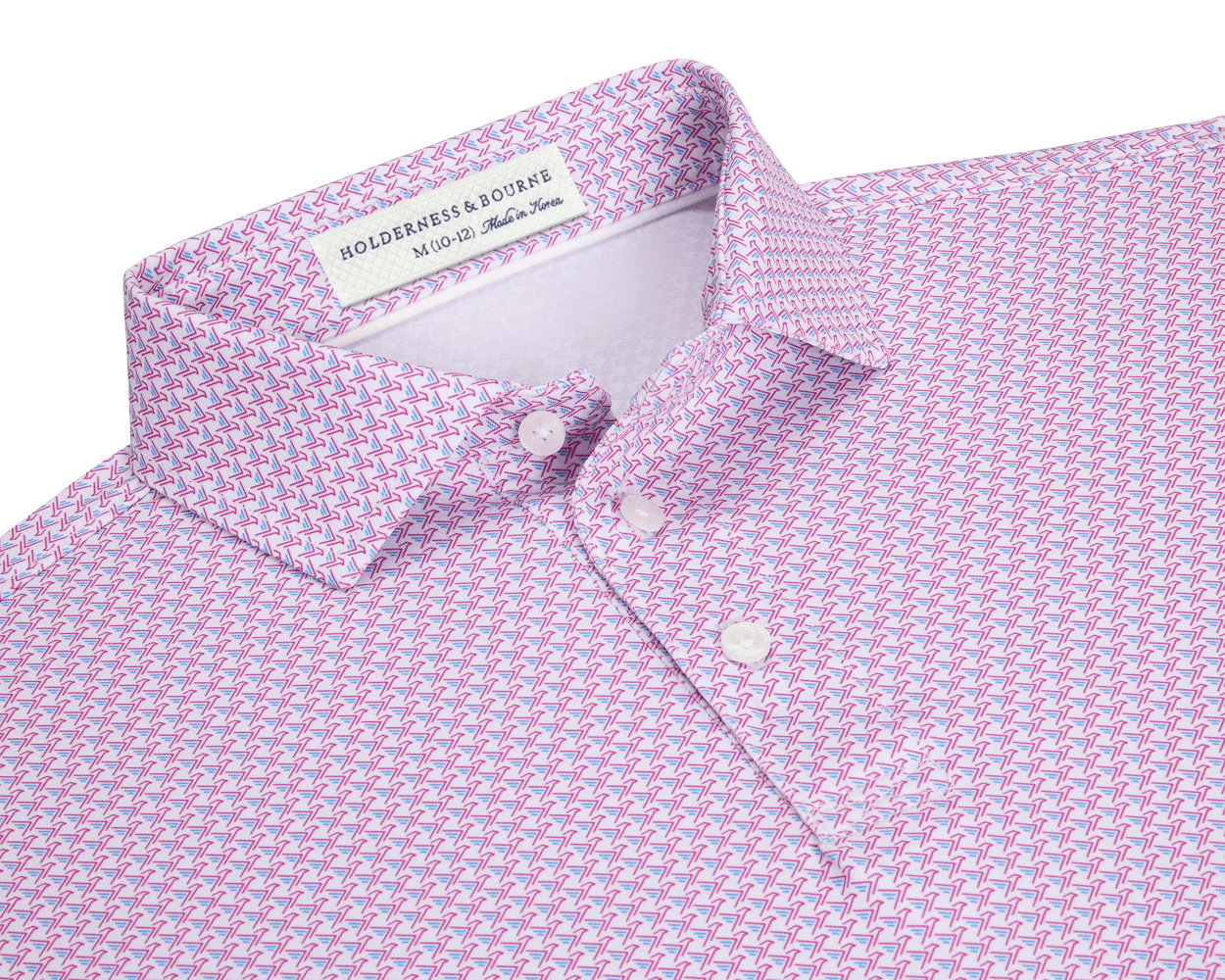 The Justice Boys Shirt: Horizon Blue & Cabernet, featuring a pink geometric eagle pattern, classic point collar, and three-button placket, made from performance fabric for comfort and sun protection.
