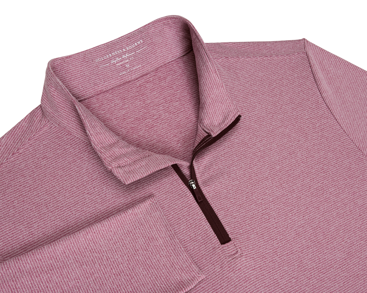 The Royce Quarter-Zip: Heathered Cabernet, folded, features a dusty rose fabric with fine stripes, burgundy zipper, and Holderness & Bourne label inside the standing collar.