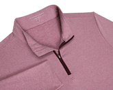 The Royce Quarter-Zip: Heathered Cabernet, folded, features a dusty rose fabric with fine stripes, burgundy zipper, and Holderness & Bourne label inside the standing collar.