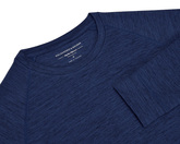 The Laidlay Crewneck: Heathered Navy, a long-sleeve shirt, features a heathered texture and signature fit, offering softness and stretch.
