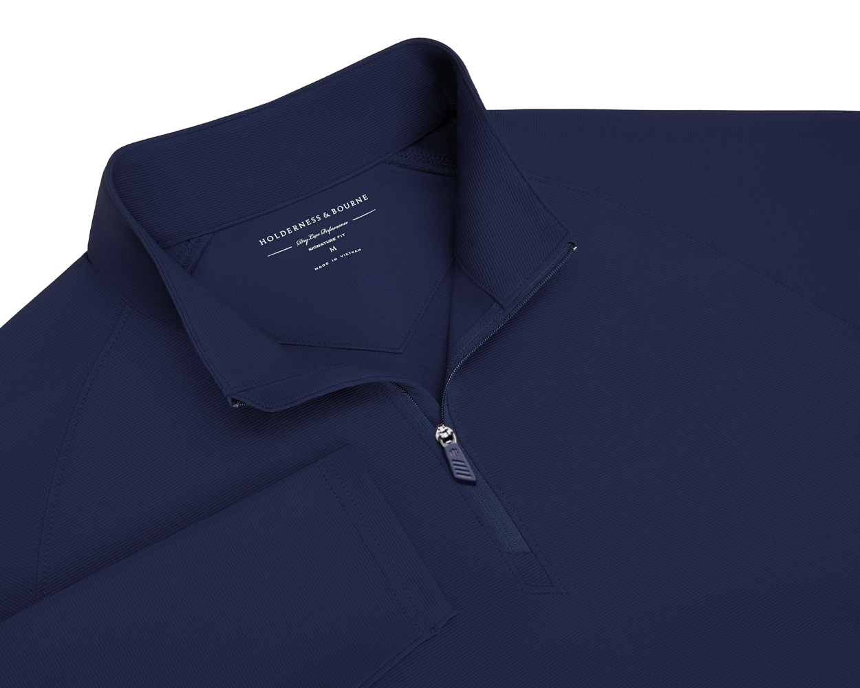 The Stuart Quarter-Zip: Navy, featuring a ribbed stand-up collar, short zipper, and textured fabric, offers a luxurious, lightweight fit with a soft interior.