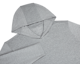 The Stowe Hoodie: Heathered Gray, showing a soft, knit texture with a V-insert neckline, long sleeves, and athletic drop-tail hem, ideal for layering.