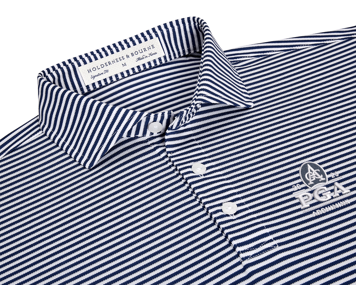 2026 PGA Championship Maxwell Shirt: Navy & White, featuring a striped design, three-button placket, pointed collar, PGA logo, and crafted from stretchy performance pique for comfort.
