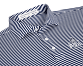 2026 PGA Championship Maxwell Shirt: Navy & White, featuring a striped design, three-button placket, pointed collar, PGA logo, and crafted from stretchy performance pique for comfort.