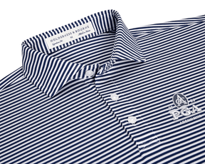 2026 PGA Championship Maxwell Shirt: Navy & White, featuring a striped design, three-button placket, pointed collar, PGA logo, and crafted from stretchy performance pique for comfort.