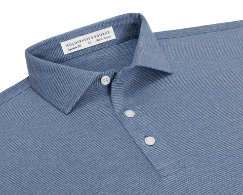 Collar and placket detail of The Holland Shirt: Heathered Pacific Blue, showing the fine heathered stripes, spread collar, three buttons, and Signature Fit label.