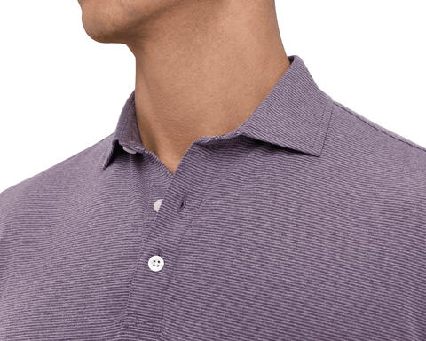 Close-up of a male model wearing The Holland Shirt: Heathered Sonoma, showing the spread collar, stitched placket, and subtle repeat stripe.