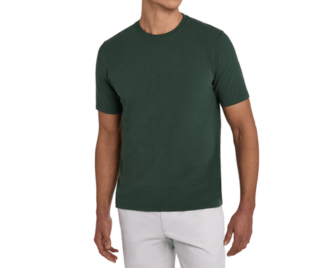 Model wearing The Mason T-Shirt: Cypress, a short-sleeve crew-neck tee with a relaxed drape, paired with light gray pants.