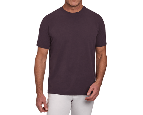 Model wearing The Mason T-Shirt: Vineyard, a short-sleeve crew-neck tee in deep plum, paired with light gray pants.