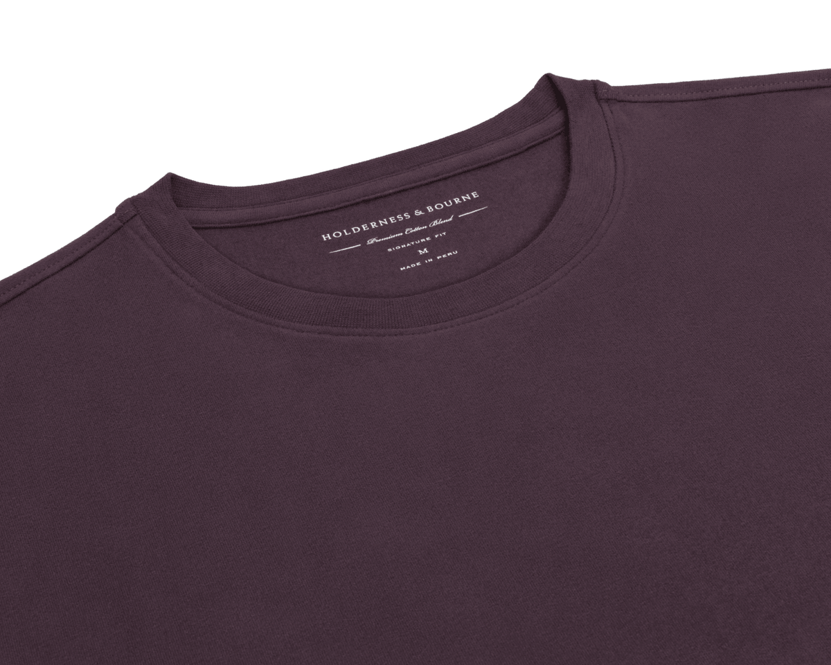 The Mason T-Shirt: Vineyard flat-lay showing its ribbed crew neck and Holderness & Bourne Premium Cotton Blend label, made in Peru.