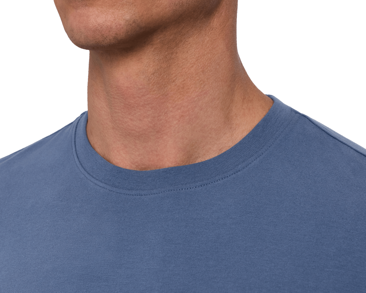 Close-up of a male model wearing The Montague Long Sleeve T-Shirt: Pacific Blue, showing the ribbed crewneck collar with a clean topstitched neckline.