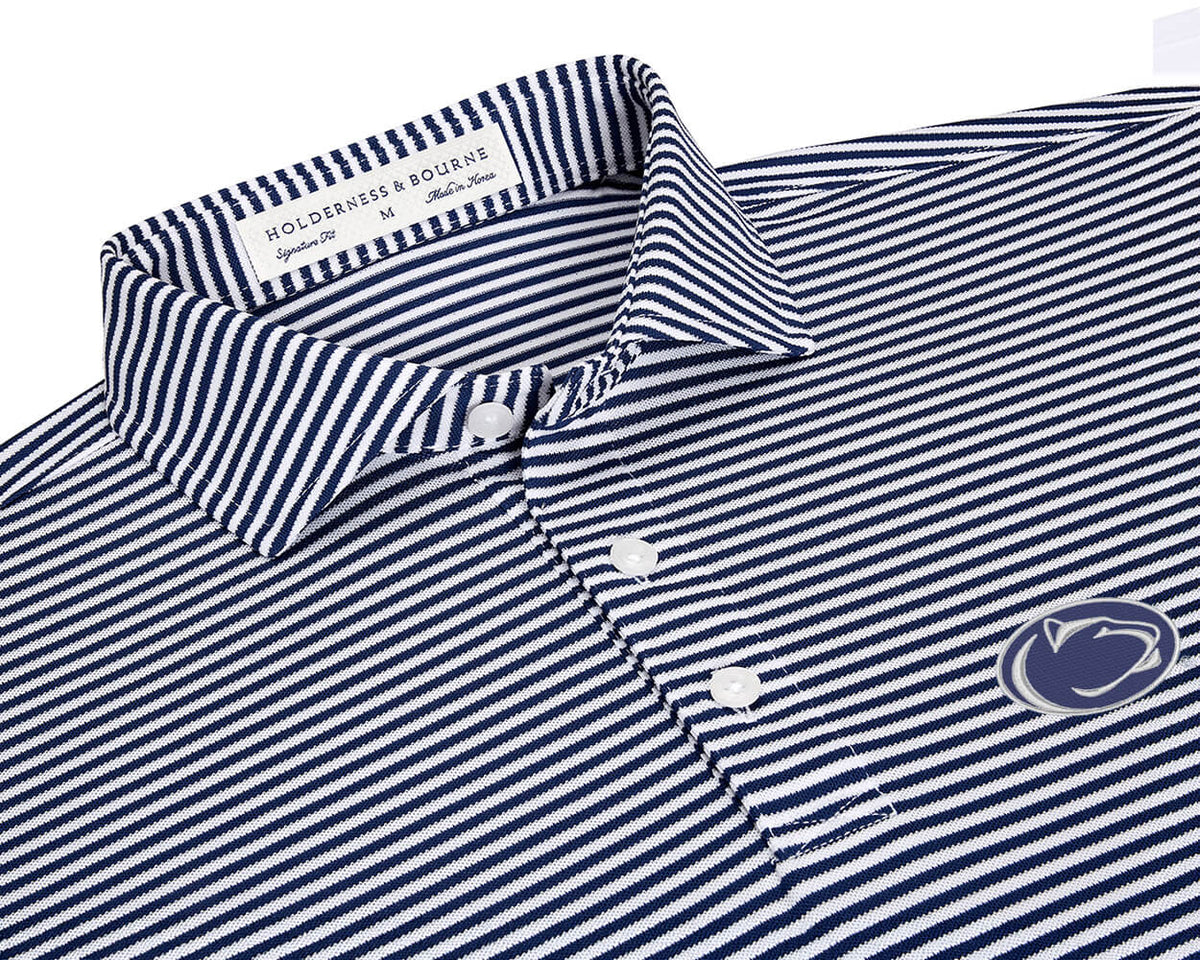 Close-up of Penn State University Maxwell Shirt: Navy & White showing the fine navy and white stripes, striped spread collar, and embroidered Nittany Lion logo.