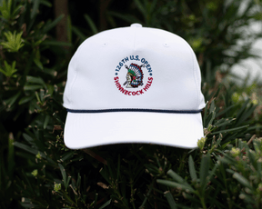 2026 U.S. Open Performance Rope Hat: White, featuring a Shinnecock Hills logo with a chief's head, navy rope detail, and adjustable snap-back closure.