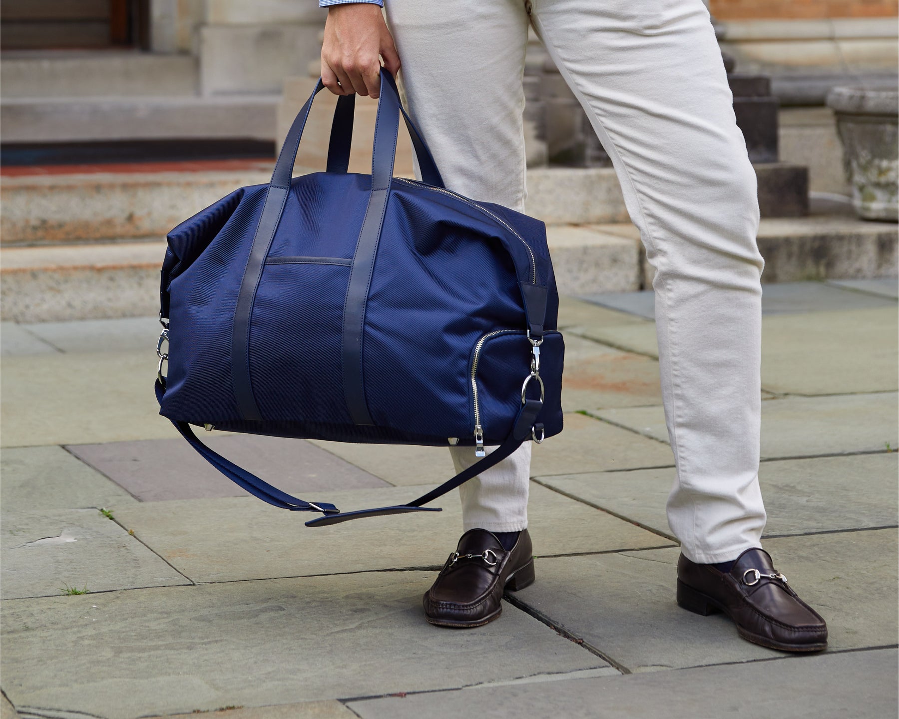 The Byers Duffel Bag: Navy Ballistic with White Embroidered Lettering