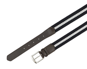 Holderness and Bourne woven navy white belt with brown leather detailing, silver buckle, and white stripe down the middle.