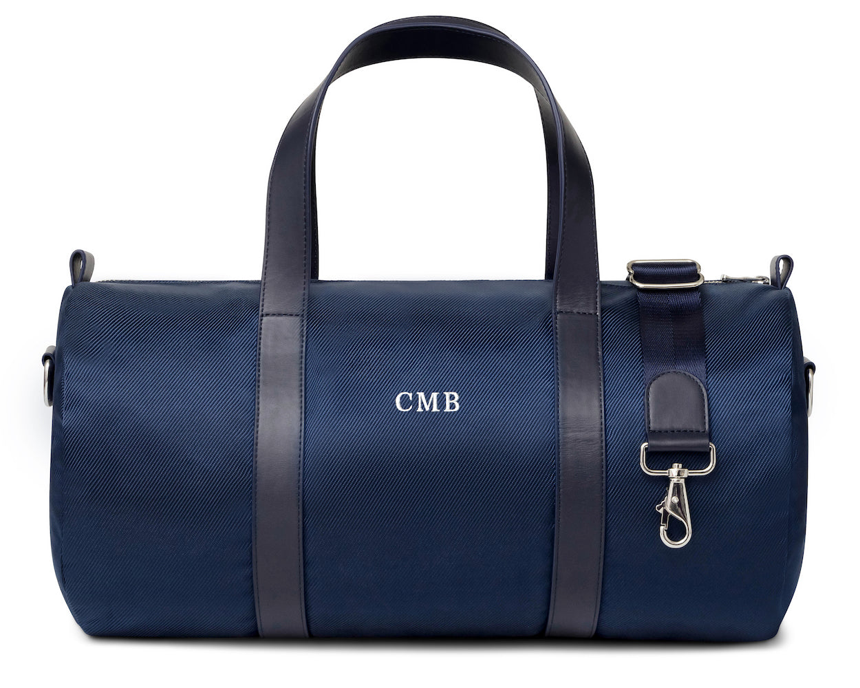 Navy banker gym bag with dark leather straps and embroidered lettering from Holderness and Bourne.