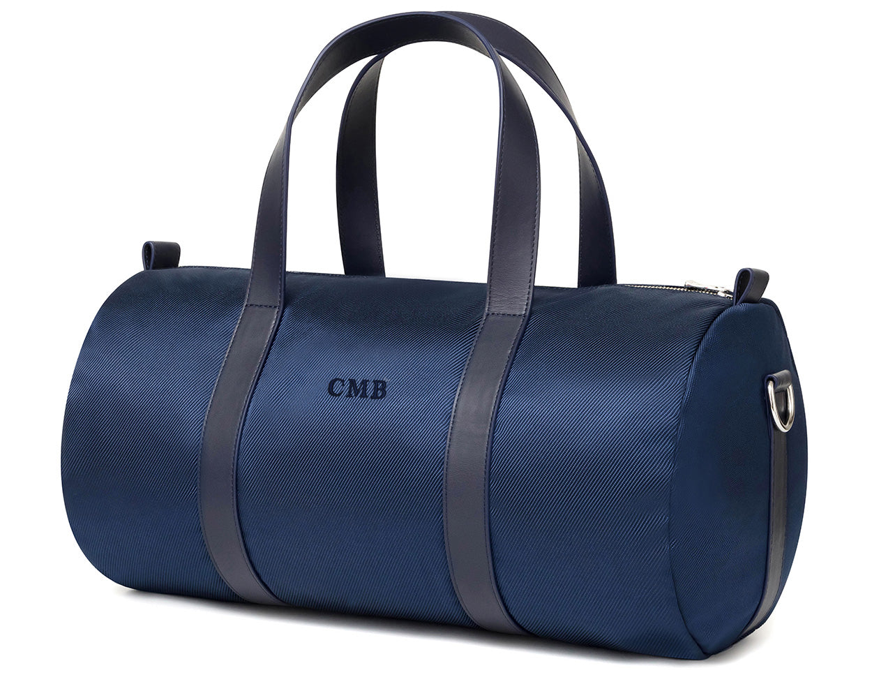 Navy banker bags custom with dark leather straps and embroidered lettering from Holderness and Bourne angled to the left.