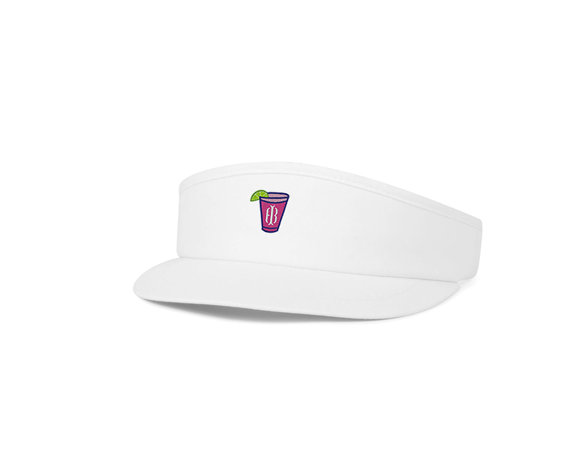 White tour visors with pink branded Holderness and Bourne cocktail logo angled to the left.