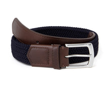 Holderness and Bourne woven navy belt with brown leather detailing and silver buckle.