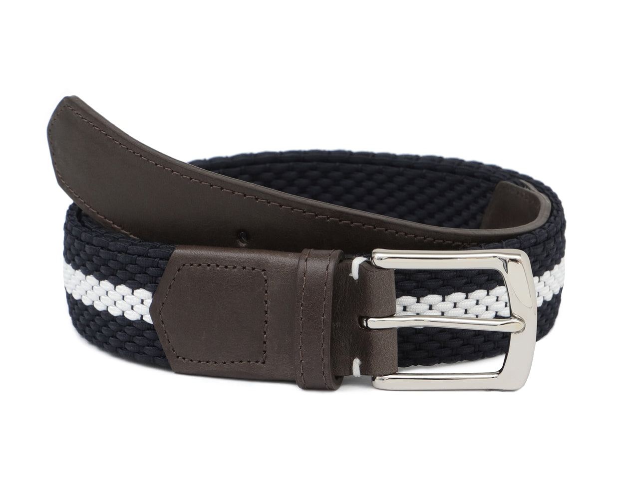 Holderness and Bourne woven navy and white belt with brown leather detailing and silver buckle.