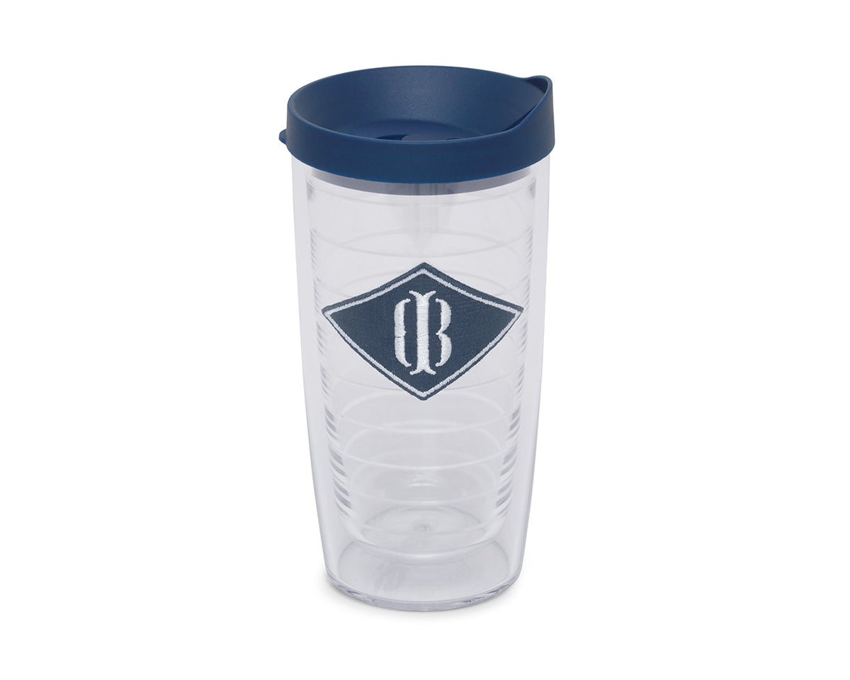 Clear plastic Tervis Tumbler featuring branded Holderness and Bourne diamond patch.