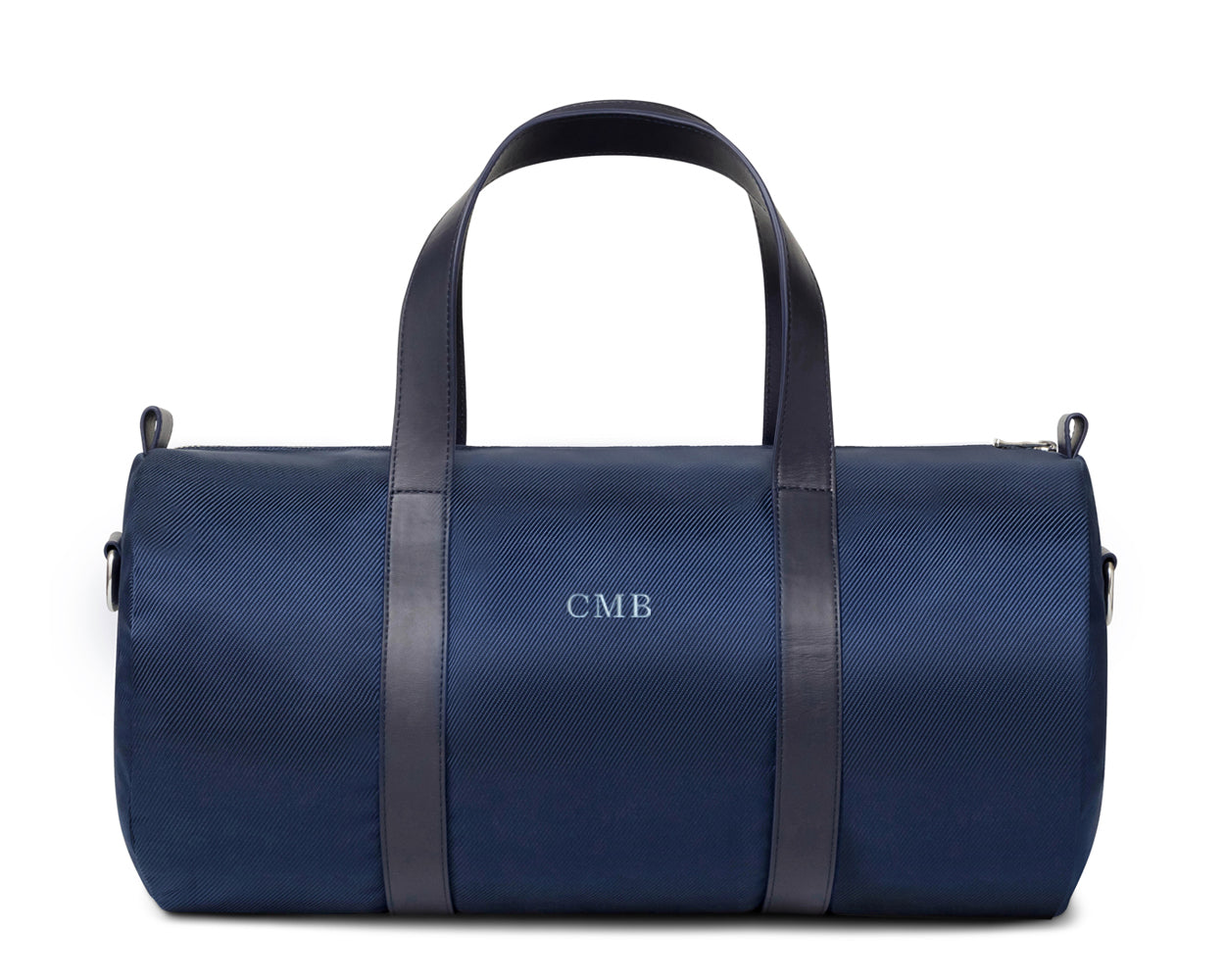 Blue banker bag with dark leather straps and embroidered lettering from Holderness and Bourne.