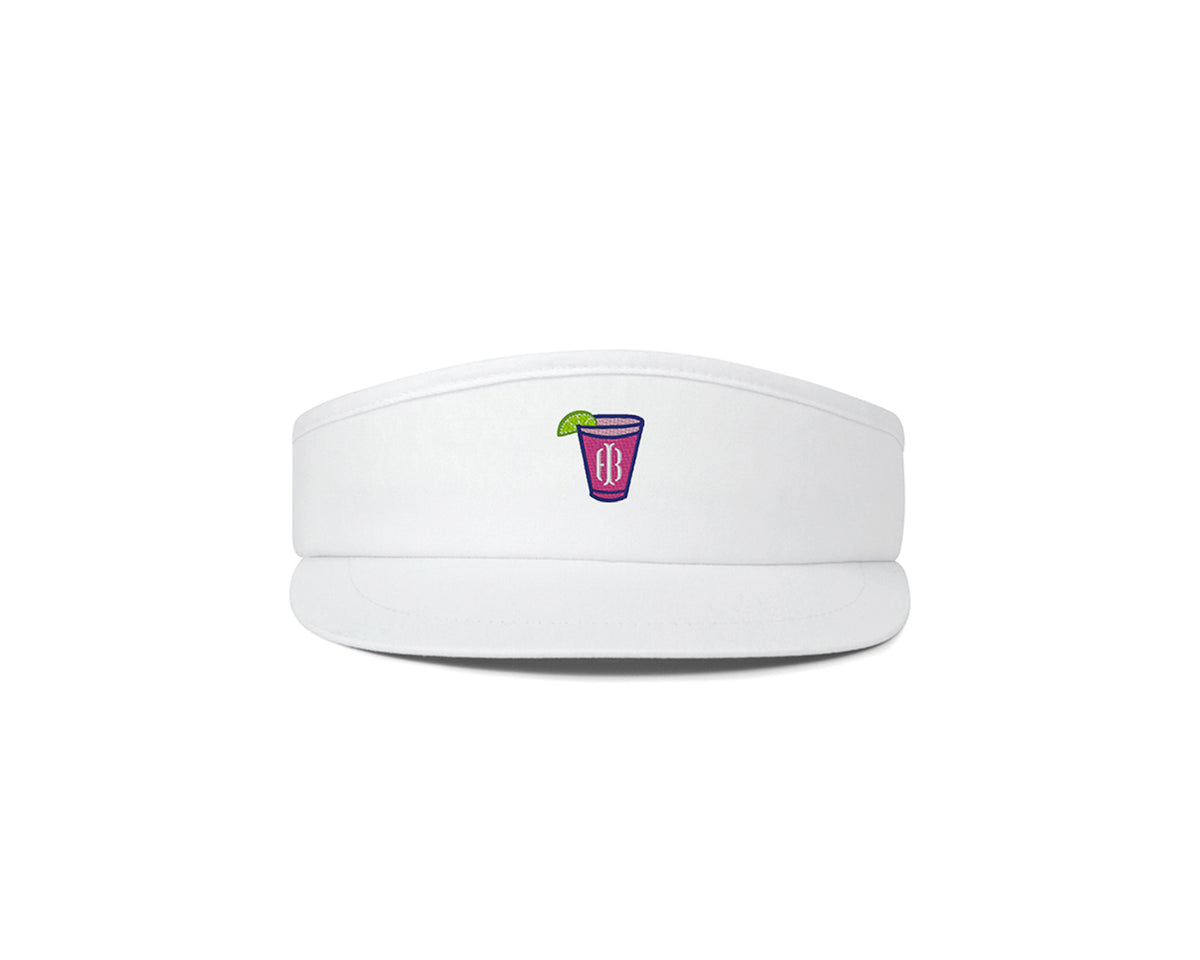 White tour visor with pink branded Holderness and Bourne cocktail logo. 