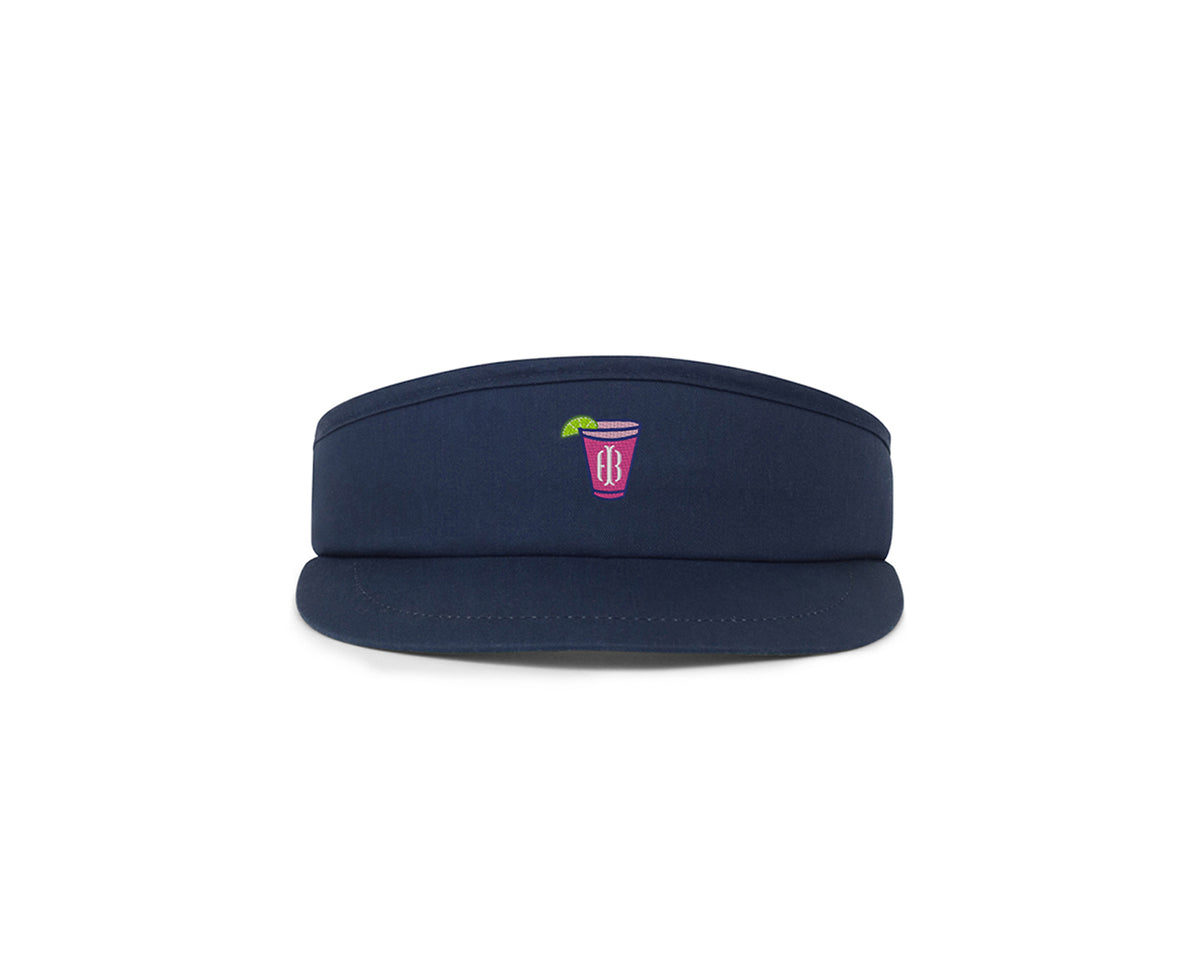 Navy golf tour visor with pink branded Holderness and Bourne cocktail logo. 