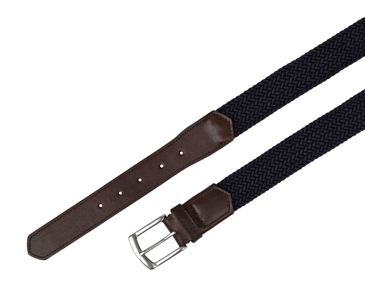 Brown leather and silver buckle detailing on navy woven belt.