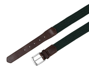 Green mens belt from Holderness and Bourne with brown leather detailing and silver buckle.