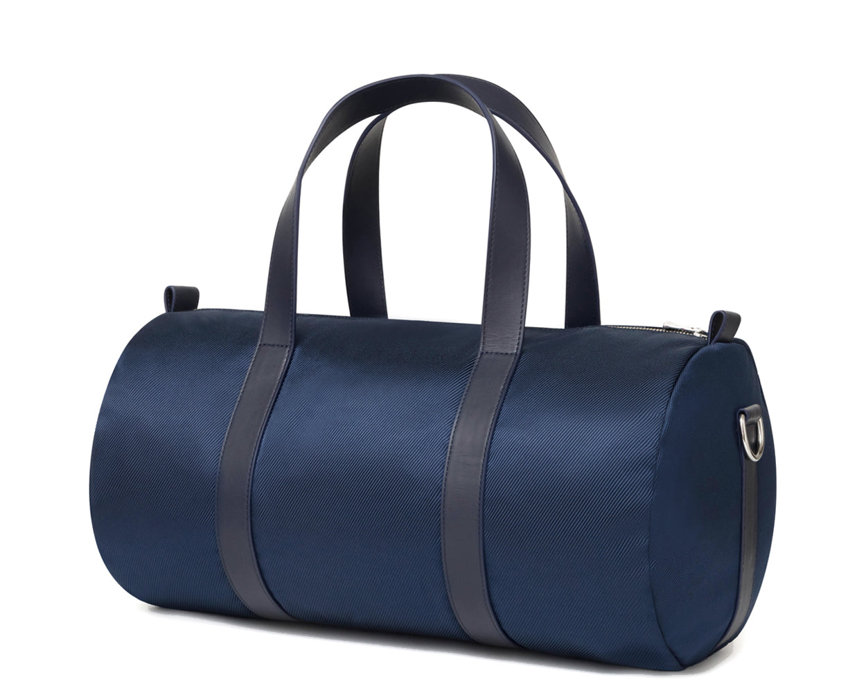Navy custom banker bag with dark leather straps and detailing from Holderness and Bourne angled to the left.